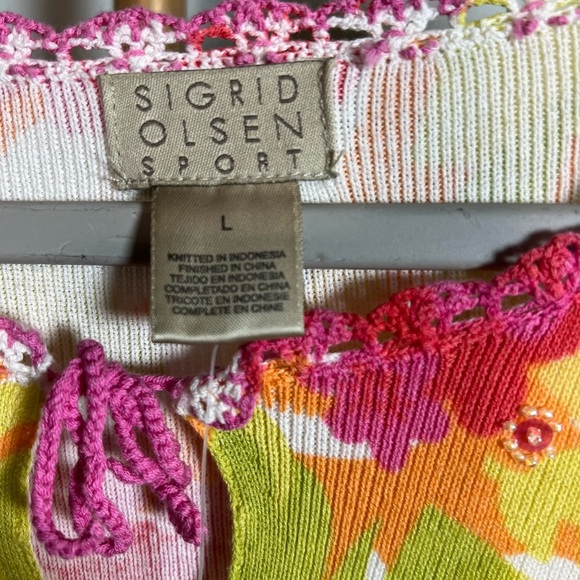 Sigrid Olsen Yellow Pink Tie Front 3/4 Sleeve Sweater - Picture 2 of 5